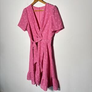 London Times Pink Polka Dot Ruffled Faux Wrap Midi Dress Size 6 Zip Closure